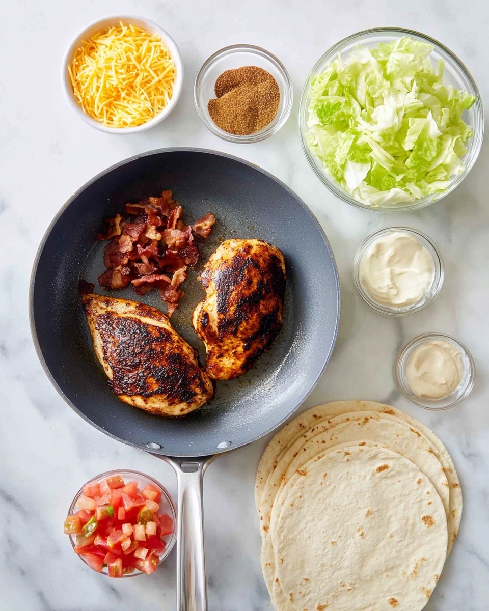 The image shows two darkly grilled chicken pieces sitting in a gray pan with a metal handle, placed on a white marbled surface. Surrounding the pan are small white bowls containing shredded yellow cheese, crispy bacon bits, a creamy white sauce, a light brown spice mix, and small pieces of diced red tomato. There is also a clear glass bowl filled with light green chopped lettuce. To the right of the lettuce bowl, several white tortillas are stacked and folded in half. The ingredients are neatly arranged in a circular pattern around the pan. Photo taken with an iphone --ar 4:5 --v 7