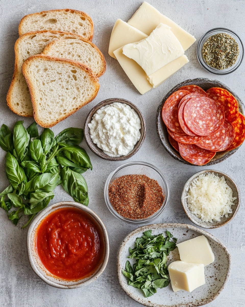The image shows two toasted sandwiches stacked on a round wooden board, each sandwich having three layers: a crispy golden-brown toasted white bread outside, a bright red layer of pepperoni, and melted yellow cheese inside; some cheese is slightly oozing out. Next to the sandwiches, a spoon holds bright red sauce with herbs, and there are a few pepperoni slices scattered nearby. Behind the board, there is an open sandwich on a white plate with shredded cheese and pepperoni on white bread. A small glass jar with red sauce garnished with herbs is placed near the open sandwich. The scene is set on a white marbled surface with a red-striped cloth adding texture. Photo taken with an iphone --ar 4:5 --v 7