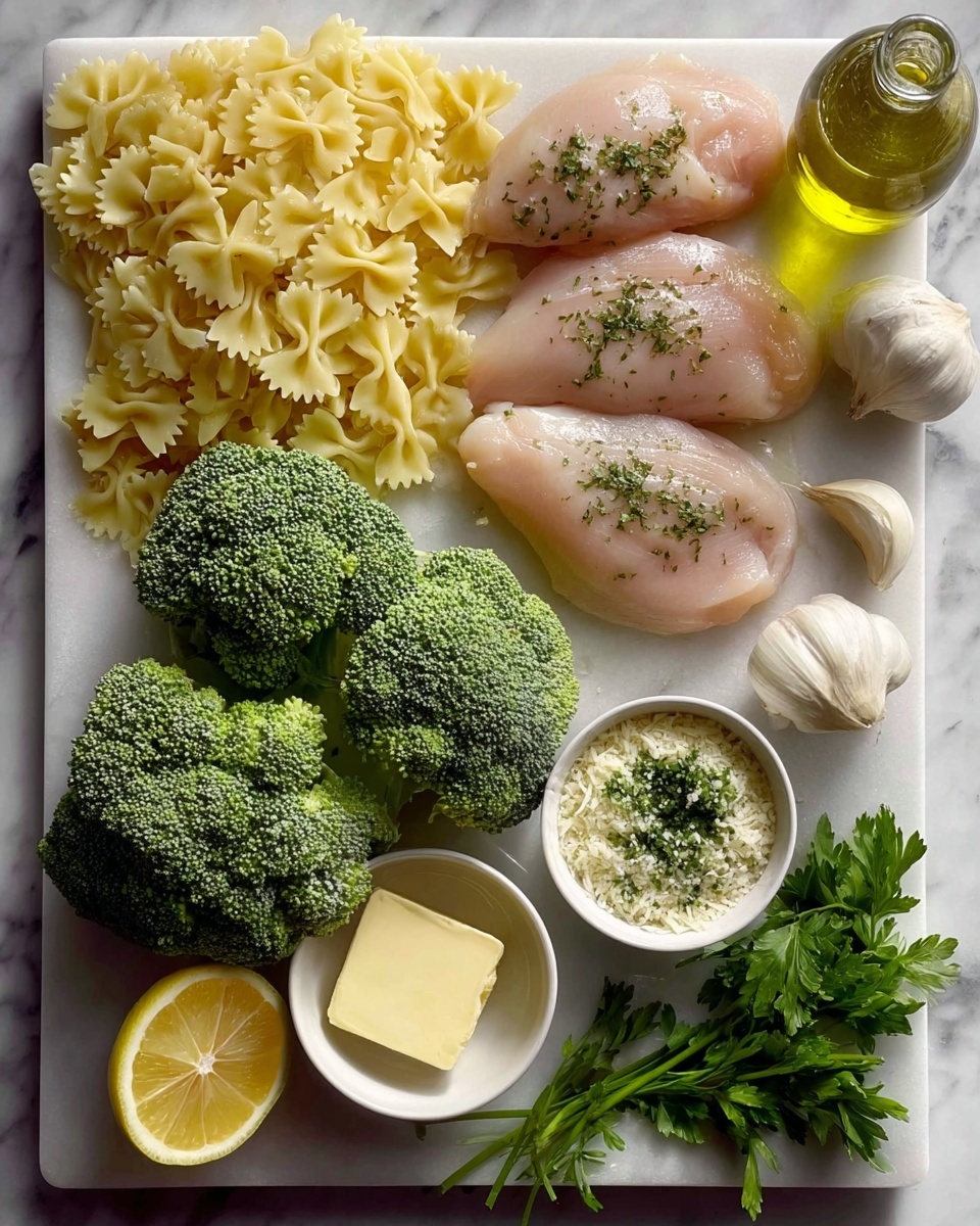 A large white marble board holds several fresh ingredients neatly arranged: on the top left, a pile of uncooked bowtie pasta with a pale yellow color and smooth texture; below it, three bright green broccoli heads with tight florets and thick stalks; to the right of the pasta and broccoli, two raw chicken breasts with a smooth and slightly shiny pink surface, sprinkled lightly with green herbs; near the chicken, a small white bowl filled with grated cheese topped with a square slice of butter with a creamy yellow tone, and another small white bowl containing finely chopped herbs mixed with grated cheese, showing green and white specks; a whole lemon cut in half revealing its juicy yellow interior is placed near the bottom, next to a bulb of garlic with pale, papery skin, and a loose clove of garlic; behind the chicken breasts, a clear glass bottle filled with golden olive oil stands upright; a small bunch of fresh green parsley lies to the right side of the board, all sitting on a white marbled surface photo taken with an iphone --ar 4:5 --v 7