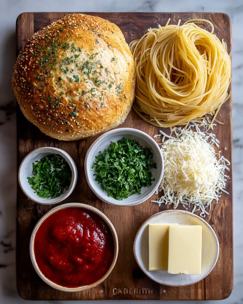 A round bread bowl with a deep golden brown crust, thick and crunchy, is filled with a nest of spaghetti noodles covered in a rich red meat sauce. The top layer is a generous spread of melted white cheese, slightly browned in spots, with finely chopped green herbs sprinkled over it. The bread bowl sits on a white plate, which has some grated cheese and chopped herbs scattered around its base. A piece of bread is placed in the background on a white marbled surface. Photo taken with an iphone --ar 4:5 --v 7