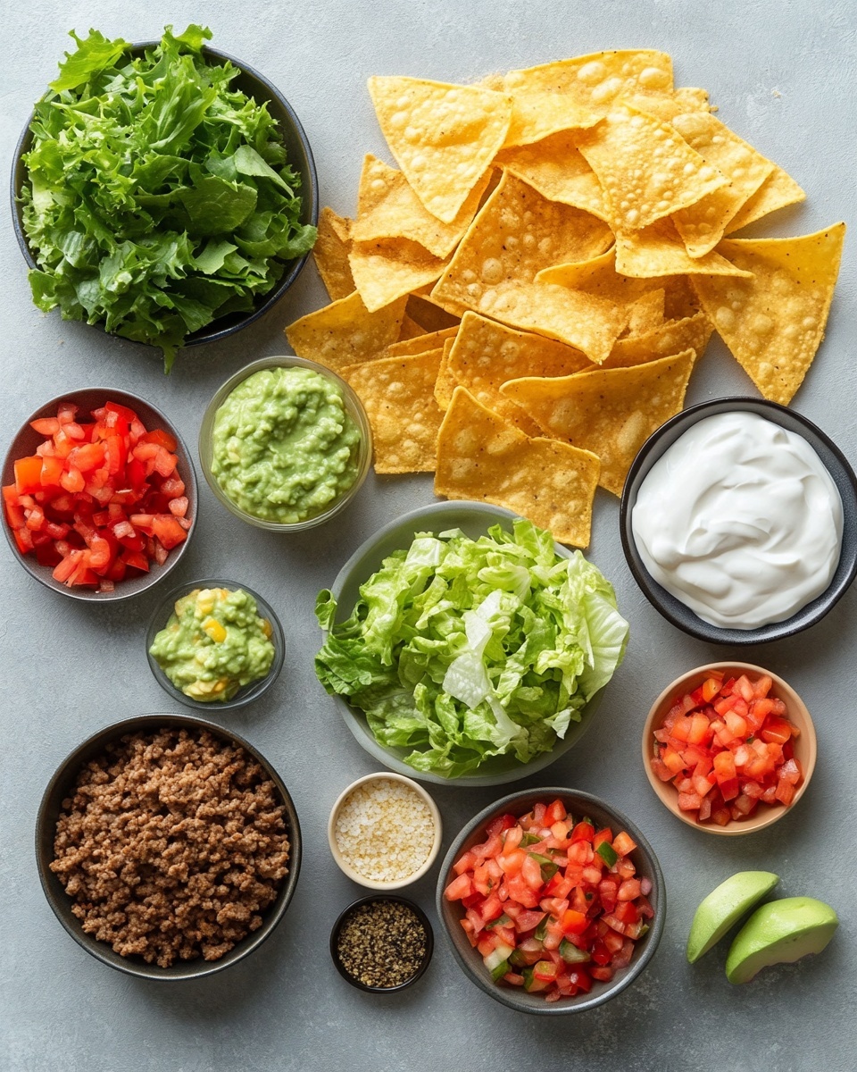 The image shows a close-up of a taco cup on a white round plate. The taco cup has a crispy, golden-brown shell forming a cup shape. Inside, the first layer is brown cooked meat, spilling slightly onto the plate. On top of the meat, there is shredded light green lettuce mixed with white and orange shredded cheese. Above this, there is a thick dollop of green guacamole, followed by a white sour cream layer. The sour cream is topped with chunky red diced tomatoes. In the background, there is a white plate holding more taco cups with the same layers, and a white bowl filled with chunky red salsa. The surface is a white marbled texture with black and white striped cloth near the plate. Photo taken with an iphone --ar 4:5 --v 7