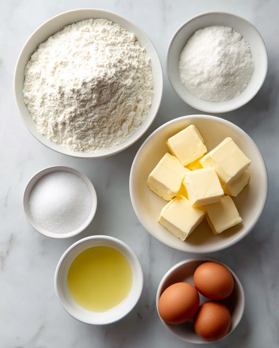 The image shows six separate white bowls and three brown eggs on a white marbled surface. One large white bowl is filled with a mound of white flour with a soft texture. Next to it, a medium white bowl holds several cubes of light yellow butter stacked loosely. Above the butter, a small white bowl contains white granulated sugar with a fine, even texture. Below the flour, another small white bowl is filled with a pale yellow liquid, likely oil, smooth and reflective. To the right of the oil bowl, a small white bowl holds white granulated sugar similar to the first sugar bowl. The three brown eggs sit closely together in a triangle shape with smooth, even shells. photo taken with an iphone --ar 4:5 --v 7