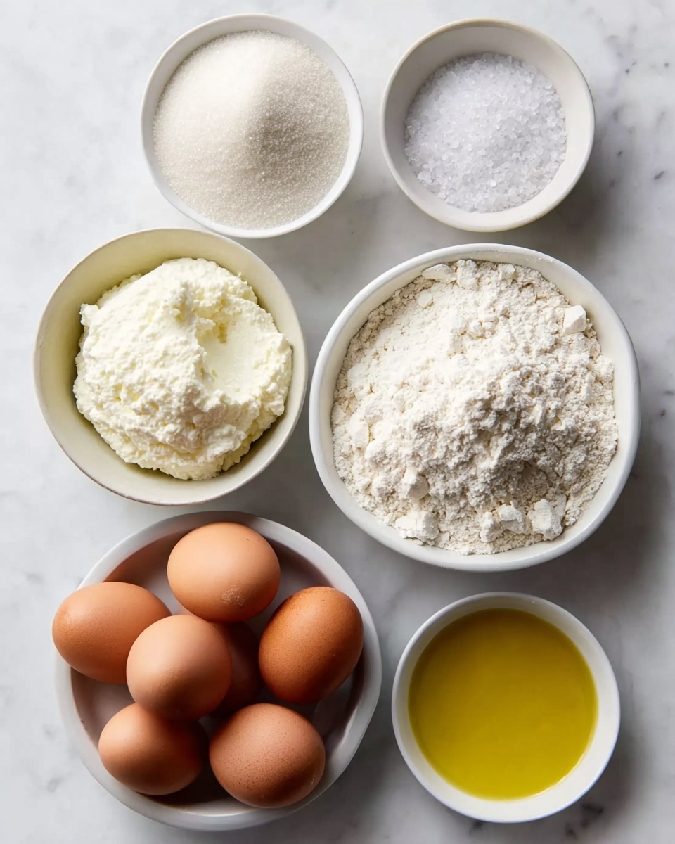 The image shows six white bowls arranged on a white marbled surface. The top left bowl holds fine white sugar with a soft, grainy texture. To its right, a smaller bowl contains coarse salt with visible salt crystals. Below the sugar, a bowl is filled with creamy, white ricotta cheese with a slightly lumpy texture. On the right side center, there is a bowl filled with white flour, loosely piled with some small clumps. Below the ricotta, a bowl holds six brown eggs with smooth shells. Finally, at the bottom right, a small bowl of golden yellow olive oil sits with a reflective surface. Photo taken with an iphone --ar 4:5 --v 7