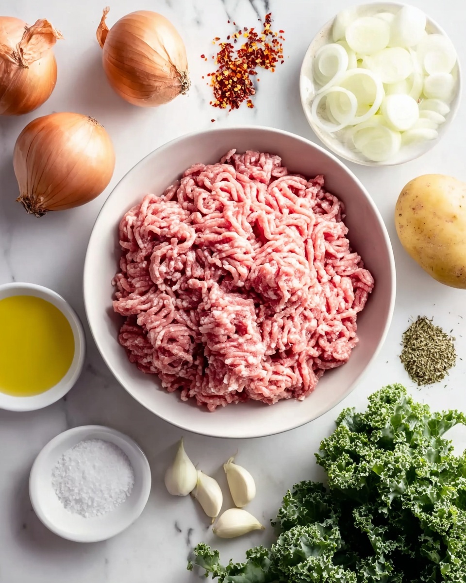 A white bowl in the center is full of raw ground meat, pink with some white fat mixed in, showing a soft, stringy texture. Around the bowl on a white marbled surface are two small whole brown onions on the top left, a small white bowl with white salt at bottom left, a small white bowl with yellow oil just below the meat, a pile of red chili flakes to the left, some dried green herbs to the top right, sliced white onions in a small white bowl on top right, three peeled white garlic cloves below the herbs, a light brown potato on the right side, and a bunch of green leafy kale at the bottom right. Everything is spread out neatly and well lit. photo taken with an iphone --ar 4:5 --v 7