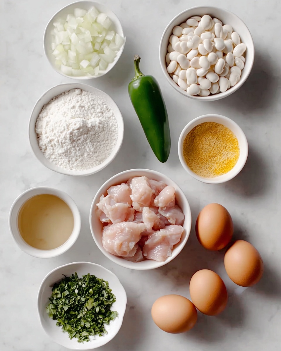 The image shows seven white bowls and three eggs arranged on a white marbled surface. In the top left bowl, there are small white chopped onions, next to it on the right is a green jalapeño pepper, and to the far right are white beans in a bowl. Below the onions is a bowl with a yellow powder spice. Under it is a bowl of white flour. Next to the flour is a bowl filled with a light brown or beige liquid. The last bowl at the bottom left contains chopped green herbs. On the right side, there is a white bowl filled with small pieces of raw pale pink chicken. Three whole brown eggs are placed together on the right side of the image. Photo taken with an iphone --ar 4:5 --v 7