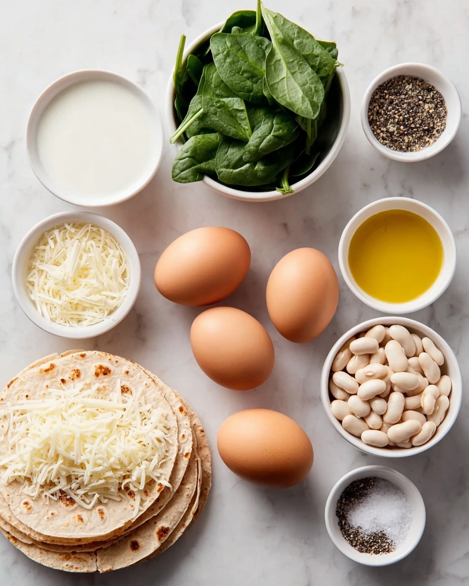 The image shows six brown eggs arranged in two rows on a white marbled surface, surrounded by small white bowls holding different ingredients. From top left to bottom right, there is a bowl of white liquid, a bowl of fresh green spinach leaves, a bowl of white beans, a bowl of golden yellow oil, a small bowl with black pepper, and a small bowl with white salt. In the bottom left corner, there is a stack of light brown tortillas with shredded white cheese piled on top. photo taken with an iphone --ar 4:5 --v 7