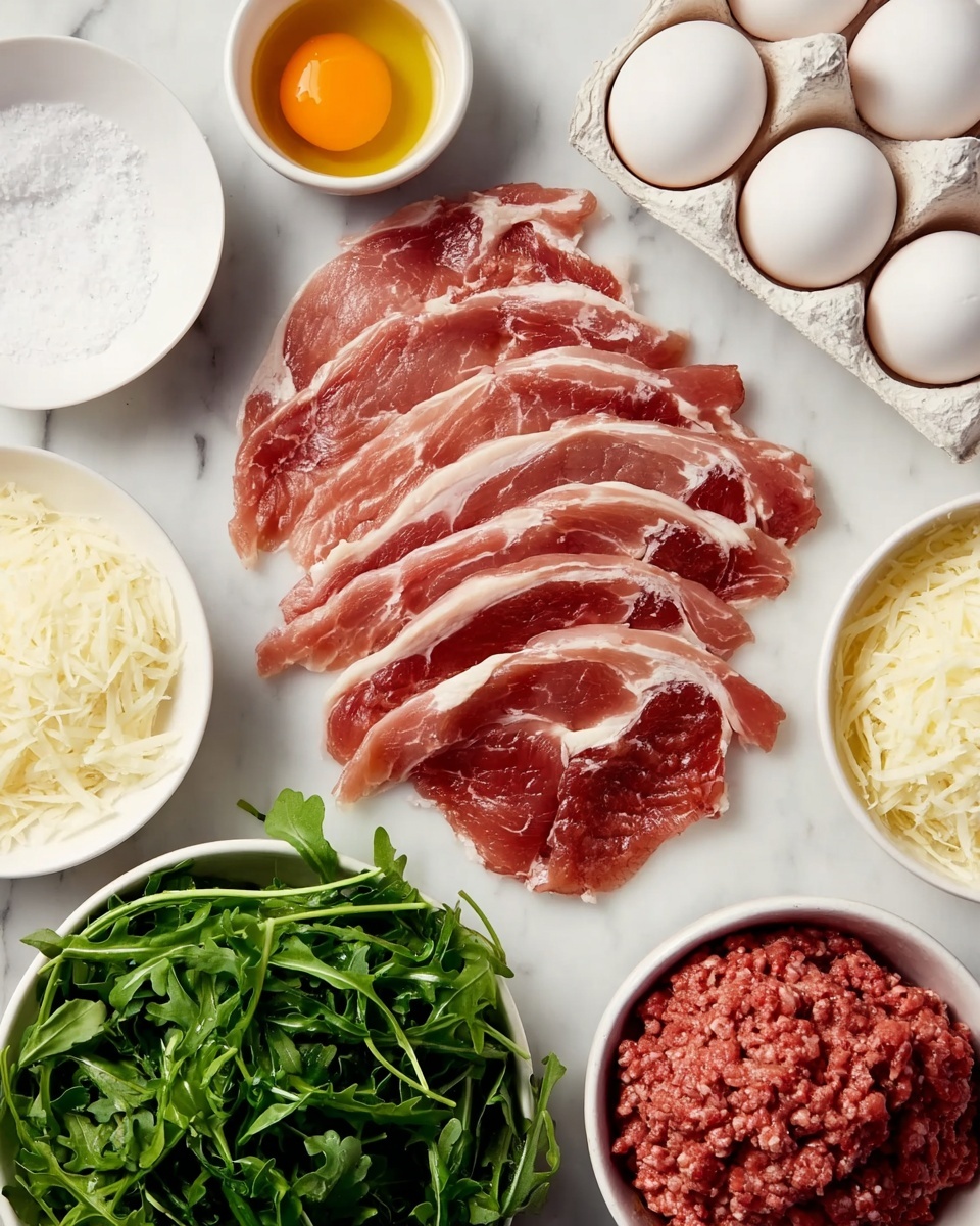 In the center, there are six raw pork slices arranged in a slightly overlapping row, showing layers of red meat and white fat. Surrounding the pork are several white bowls placed on a white marbled surface: at the top left is a bowl with white salt, next to it at the top center is a bowl with a golden liquid, and at the top right is a carton holding white eggs. On the right edge, there is a bowl filled with shredded white cheese. At the bottom right, there is a bowl of raw ground beef with a coarse texture. Lastly, at the bottom left, a bowl contains fresh green arugula leaves with thin stems. Photo taken with an iphone --ar 4:5 --v 7