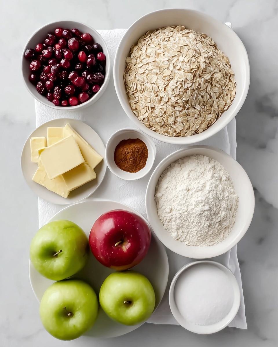 The image shows several white bowls and a white plate with ingredients arranged on a white marbled surface. On the top right, there is a large white bowl filled with light beige rolled oats. Below it, a similar large bowl holds white flour with a soft, powdery texture. Next to the flour bowl on the bottom right, a small white bowl contains granulated white sugar. Above the sugar bowl, a tiny white bowl holds brown cinnamon powder. On the top left, a small white bowl is filled with dark red cranberries with shiny skins. Below it, a small white bowl has three light yellow thick slices of butter. On the bottom left, a white plate contains seven apples, five green and two red, arranged with some apples stacking on others. All items sit on a neatly folded white cloth. Photo taken with an iphone --ar 4:5 --v 7