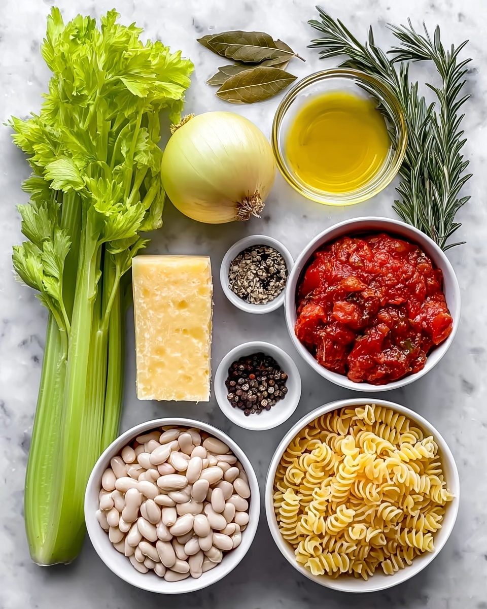 The image shows an overhead view of fresh ingredients neatly arranged on a white marbled surface. On the left side, there is a stalk of bright green celery with leafy tops, below it a pale yellow block of cheese with a slightly rough texture. In the middle, there is a large round yellow onion with dry skin, above it a clear bowl filled with golden olive oil, and a small white bowl containing a mix of black and white peppercorns. On the right, there are three bowls stacked vertically: the top holds smooth white beans, the middle contains crushed red tomatoes with visible seeds and bits of garlic, and the bottom is filled with uncooked pale yellow rotini pasta with a curly shape. Fresh sprigs of green rosemary and two dried bay leaves are placed near the top right. The photo taken with an iphone --ar 4:5 --v 7