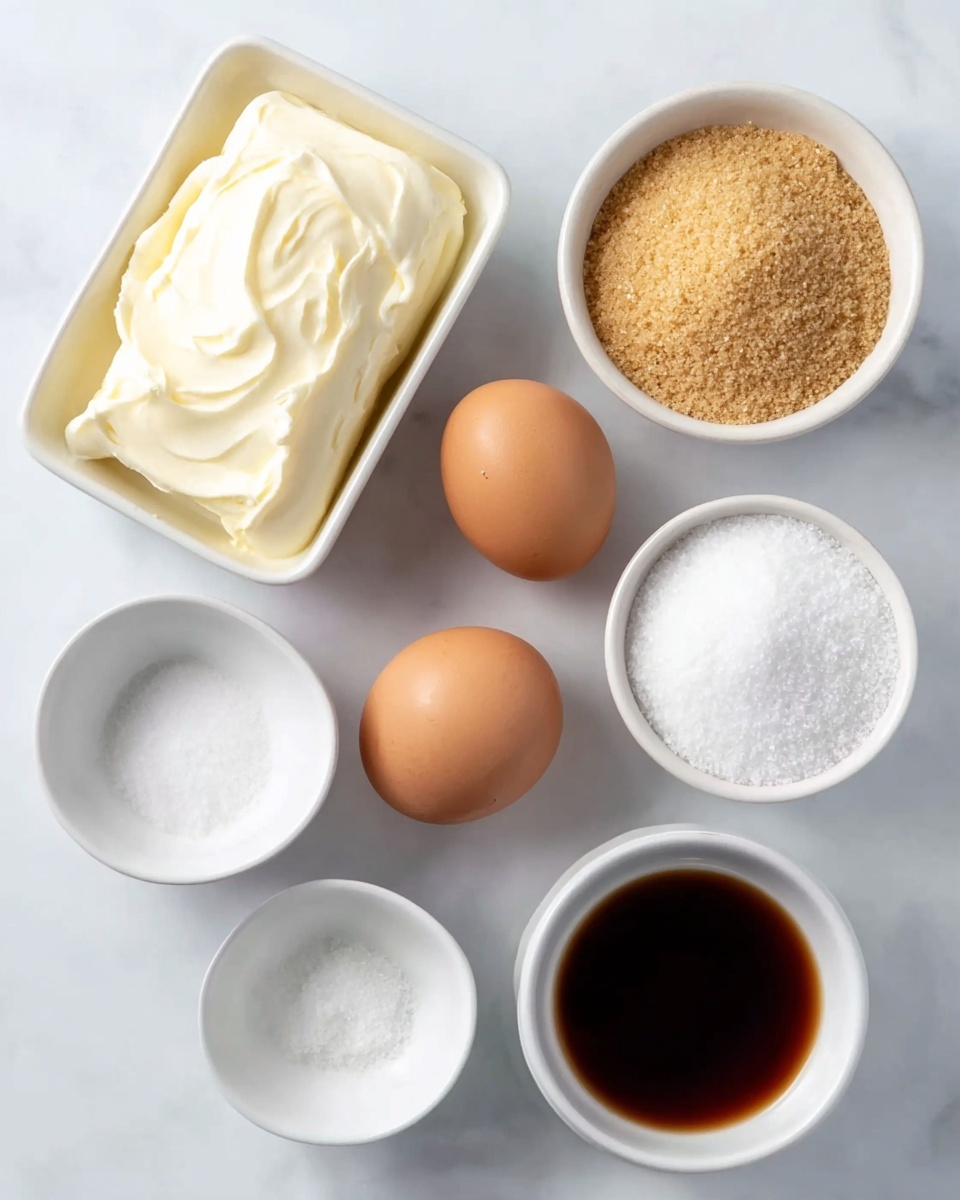 The image shows six different ingredients placed neatly on a white marbled surface. There is a white rectangular dish filled with creamy white softened butter at the top left. To the right is a small white bowl filled with coarse golden brown sugar. Below these, three light brown eggs rest directly on the surface in a slight curve. A small white bowl filled with fine white salt sits at the right middle. At the bottom left, there is an empty small white bowl, and next to it on the bottom right, another small white bowl contains a dark brown syrup or liquid. The items are all close together but clearly separated, showing their textures and colors distinctly. photo taken with an iphone --ar 4:5 --v 7