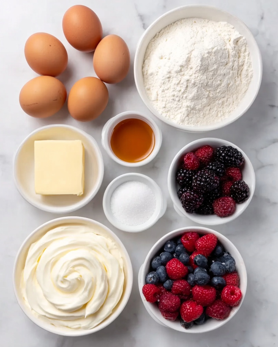 The image shows seven natural brown eggs on the upper left side on a white marbled surface. To the right of the eggs, there is a white bowl full of white flour with a fluffy texture. Below the flour, there is a smaller white bowl filled with granulated white sugar. On the lower right, a white bowl contains fresh mixed berries including red raspberries, black blackberries, and blue blueberries, giving a colorful and fresh look. Slightly above the berries and sugar, a small white bowl has a light amber liquid, likely vanilla extract. Below the eggs, there is a white bowl with pale yellow butter or margarine that looks soft and creamy. Another small white bowl with a tiny amount of liquid, possibly milk, sits between the butter and sugar. Finally, at the bottom left, there is a white bowl filled with smooth white cream, swirled to show its thick texture. All items are neatly arranged on the white marbled surface. photo taken with an iphone --ar 4:5 --v 7