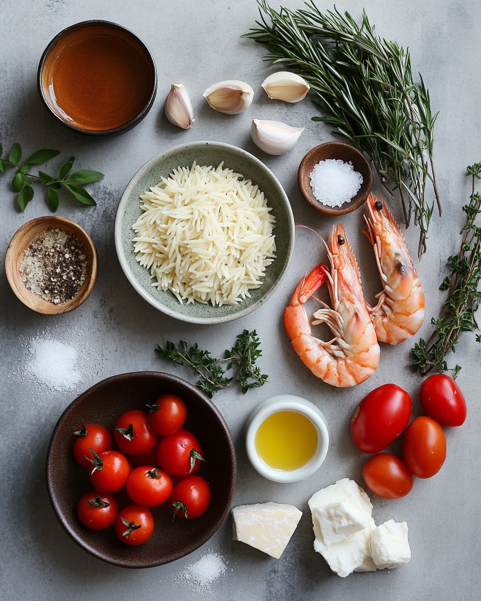 A deep pan filled with a single-layer shrimp and orzo dish. The base is a thick, orange-red sauce mixed with small pasta pieces and cherry tomato halves. Plump shrimp are scattered evenly on top, some slightly submerged. White crumbled cheese is sprinkled across the dish, adding a crumbly texture contrast. Green herb sprigs are spread on top, giving fresh bursts of color. A silver spoon rests inside the pan, partly lifting the food. The pan has a blue handle and sits on a white marbled surface next to a few cherry tomatoes on the vine and a soft blue cloth. Photo taken with an iphone --ar 4:5 --v 7