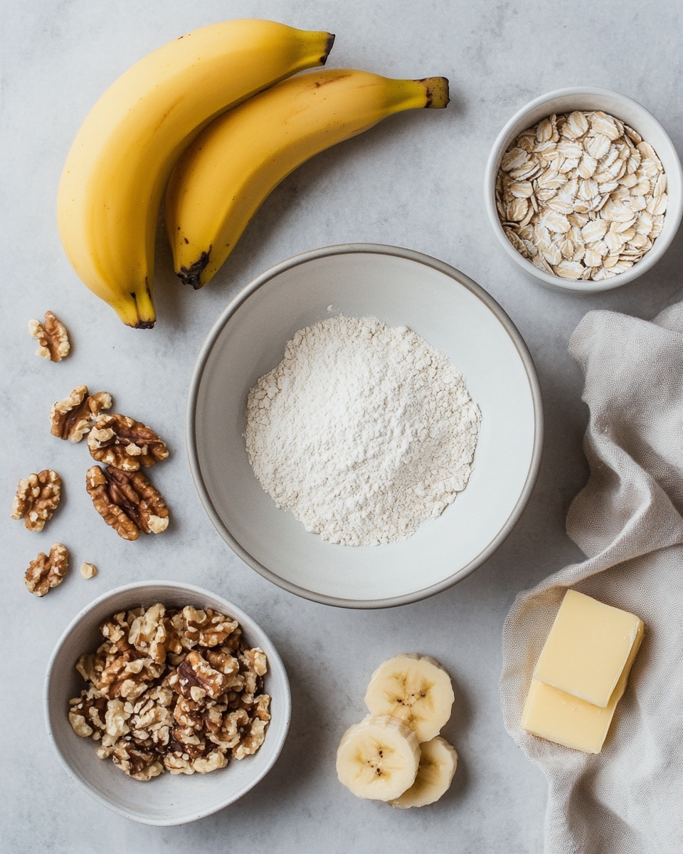 A piece of banana nut bread sits on a white plate on a white marbled surface, showing three distinct layers: a golden-brown crust on top with visible walnut pieces, a soft pale yellow banana bread layer in the middle, and a moist crumbly bottom layer. Two thin banana slices rest on top of the bread, adding a light yellow contrast. In the background, a yellow and white checkered cloth adds a bright touch. Photo taken with an iphone --ar 4:5 --v 7