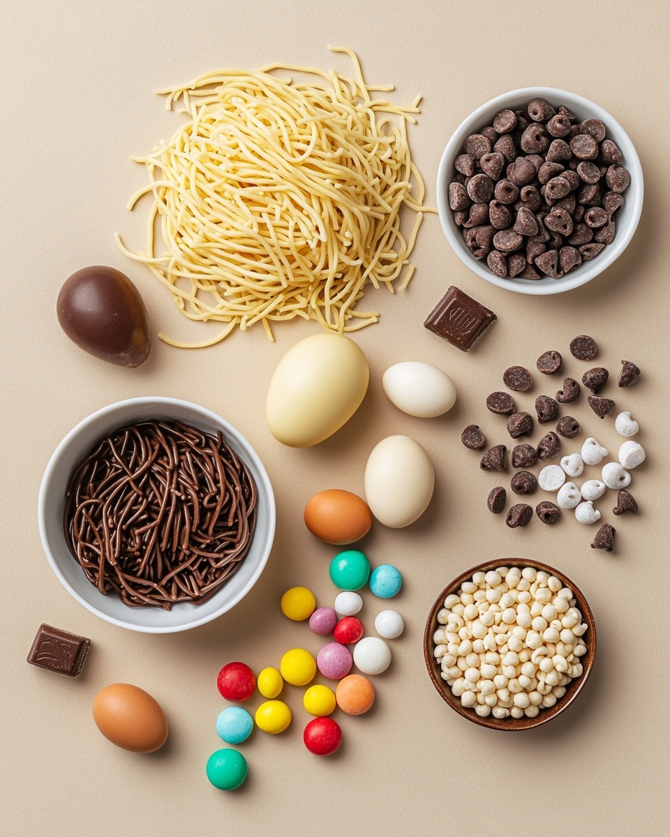 The image shows several small nests made of chocolate-covered pretzel sticks arranged in a loose pile to look like bird nests. Each nest is topped with two or three colorful candy eggs in pastel green, pink, blue, and purple with speckled patterns. The nests are placed on white parchment paper, which is resting on a piece of natural bark wood. The whole setting is on a white marbled textured surface, with a soft-focus gray cloth visible in the background. The light makes the chocolate shiny and highlights the smooth, colorful eggs, creating a bright and fresh look photo taken with an iphone --ar 4:5 --v 7