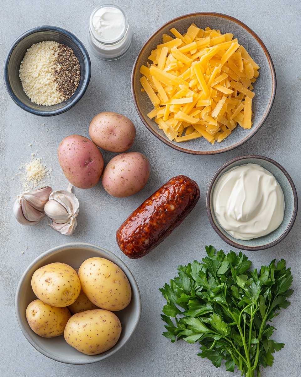 The image shows a white plate with a single layer of golden potato wedges at the bottom, covered with a thick, melted yellow cheese layer that looks smooth and shiny. On top of the cheese, there are small rounds of browned sausage scattered evenly, and some green herbs sprinkled delicately over the dish. The background is a white marbled texture, enhancing the warm colors of the food. photo taken with an iphone --ar 4:5 --v 7