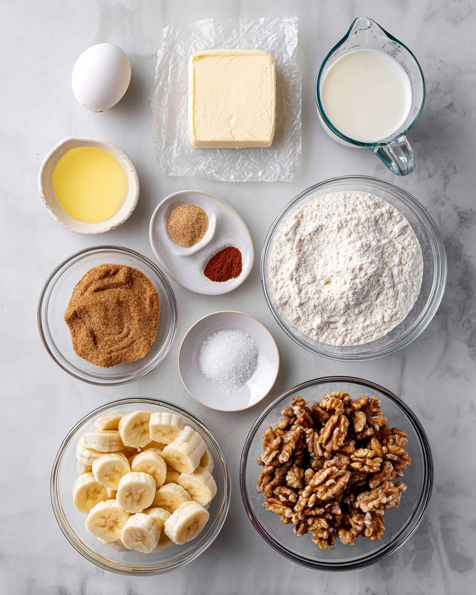 The image shows a white shallow bowl holding a thick slice of golden brown bread pudding as the base layer, soaked and glistening with a rich dark caramel sauce that pools around the edges. On top of the bread pudding are four round slices of banana, pale yellow with a soft, smooth texture, also covered with a glossy drizzle of the caramel sauce. The background is a white marbled texture, making the warm colors of the dessert stand out. The photo was taken with an iphone --ar 4:5 --v 7