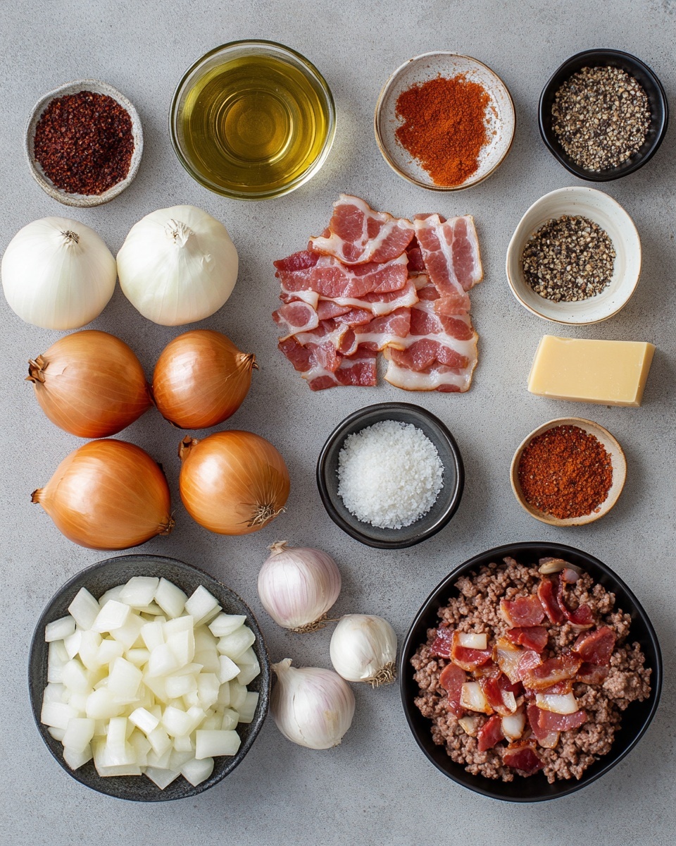 The image shows six grilled onions on a black skillet, each onion hollowed and stuffed with a brown, textured meat filling that is slightly glazed and topped with small green herbs. The onions have charred black grill lines running vertically, giving them a shiny, caramelized outer layer with a golden base color. The skillet rests on a wooden board with some sauce pooled around the onions, creating a wet, slightly shiny look. The background features some round, light-colored crackers blurred out, and the whole scene is placed on a white marbled surface. photo taken with an iphone --ar 4:5 --v 7