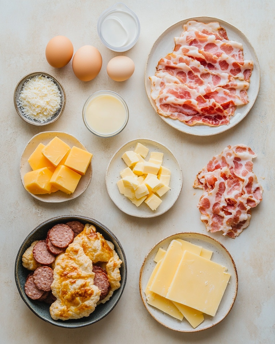 A close-up shows a golden brown, flaky pastry cut in half, held by a woman's hand, revealing three layers inside: the outer crispy crust, a middle layer with small chunks of browned sausage and bacon pieces, and a soft scrambled egg layer with melted cheese bits, all nestled within the pastry. In the background, four more whole pastries sit on a baking sheet lined with parchment paper on a white marbled surface. To the lower right, part of a white bowl filled with shredded yellow and white cheese is visible. Photo taken with an iphone --ar 4:5 --v 7