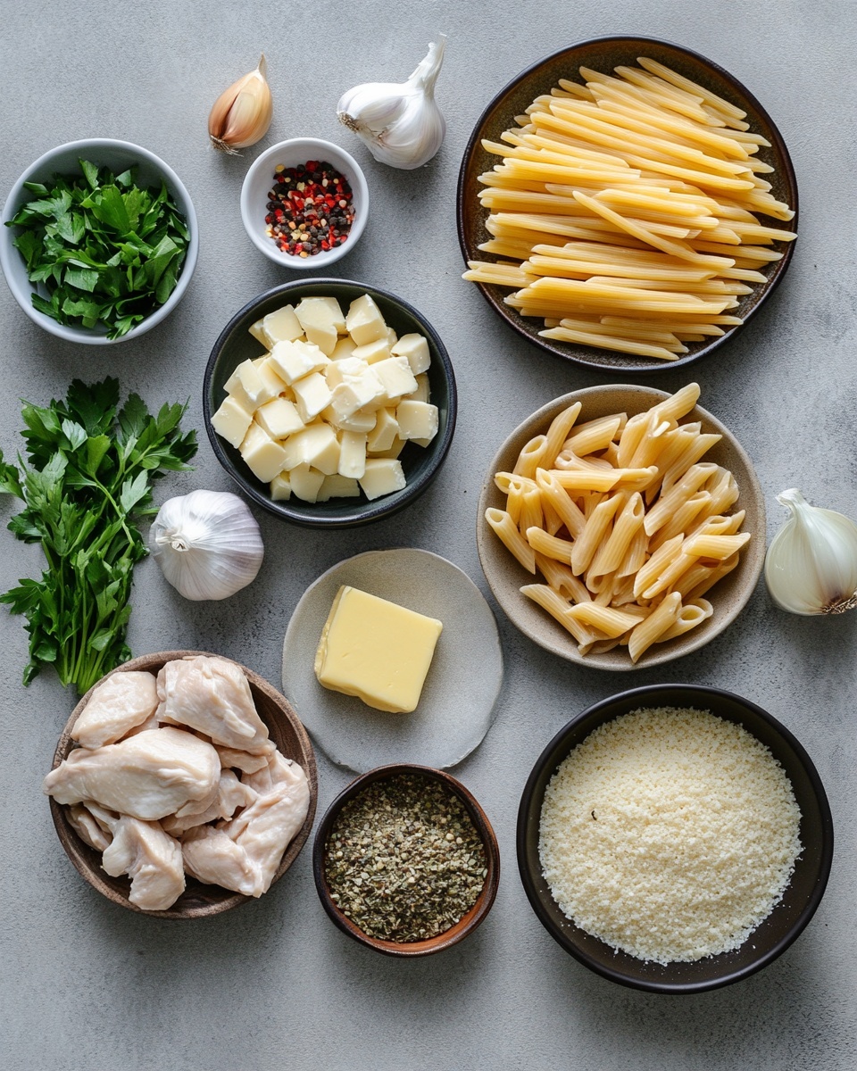 A white bowl filled with creamy pasta, with thick, twisted noodles coated in a rich, light orange sauce. On top, there are several pieces of grilled chicken with a golden-brown, slightly charred surface. The dish is sprinkled with bright green chopped herbs and a small amount of black pepper for contrast. The background shows a white marbled texture. photo taken with an iphone --ar 4:5 --v 7