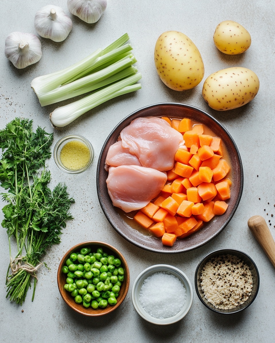 A white bowl filled with creamy chicken and potato soup sits on a white marbled surface. The soup has large chunks of yellow potatoes, orange carrot pieces, and shredded white chicken mixed in a thick, pale cream broth. Small green herbs and black pepper are sprinkled across the top layers, adding texture and color contrast. Around the bowl, there is a piece of crusty bread partly resting on a wooden board and a gray cloth napkin. The scene looks cozy and inviting, photo taken with an iphone --ar 4:5 --v 7