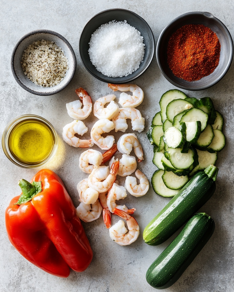 A black frying pan holds a colorful dish consisting of one main layer made up of cooked shrimp and mixed vegetables. The shrimp are orange with slight char marks and are scattered evenly on top. The vegetables include green zucchini slices, orange carrot pieces, and red bell pepper strips, all mixed throughout. Small bits of green herbs are sprinkled over everything, adding a fresh look. The pan rests on a white marbled surface, and in the background, there are small white bowls with chopped green herbs and peppercorns. Photo taken with an iphone --ar 4:5 --v 7