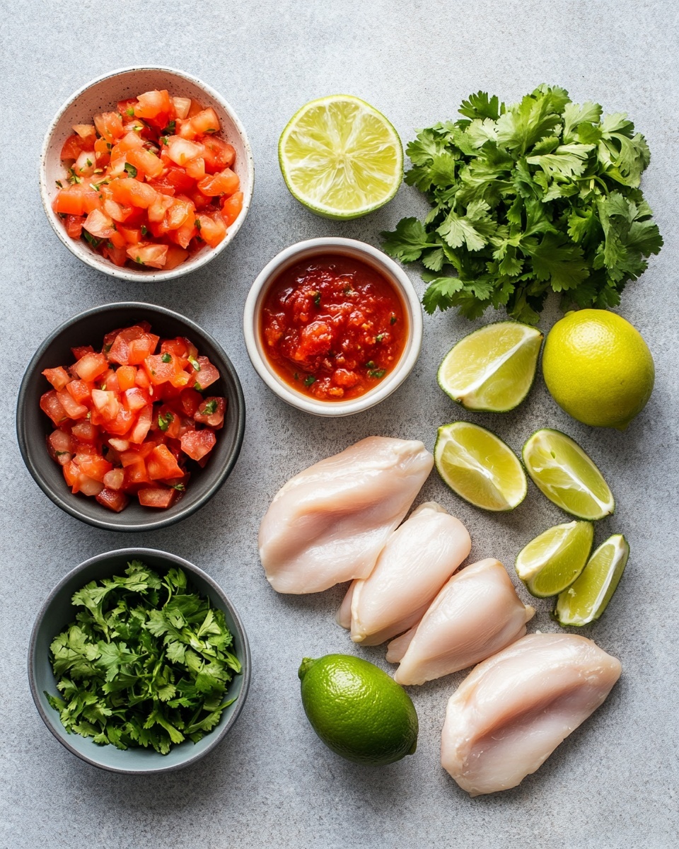Inside a black slow cooker, there is one layer of shredded light brown chicken mixed with a chunky layer of red tomato sauce with visible pieces of tomato. Bright green cilantro leaves are scattered on top, adding fresh color contrast against the warm reds and browns. The inside of the cooker is glossy and reflective. The scene is set on a white marbled surface photo taken with an iphone --ar 4:5 --v 7