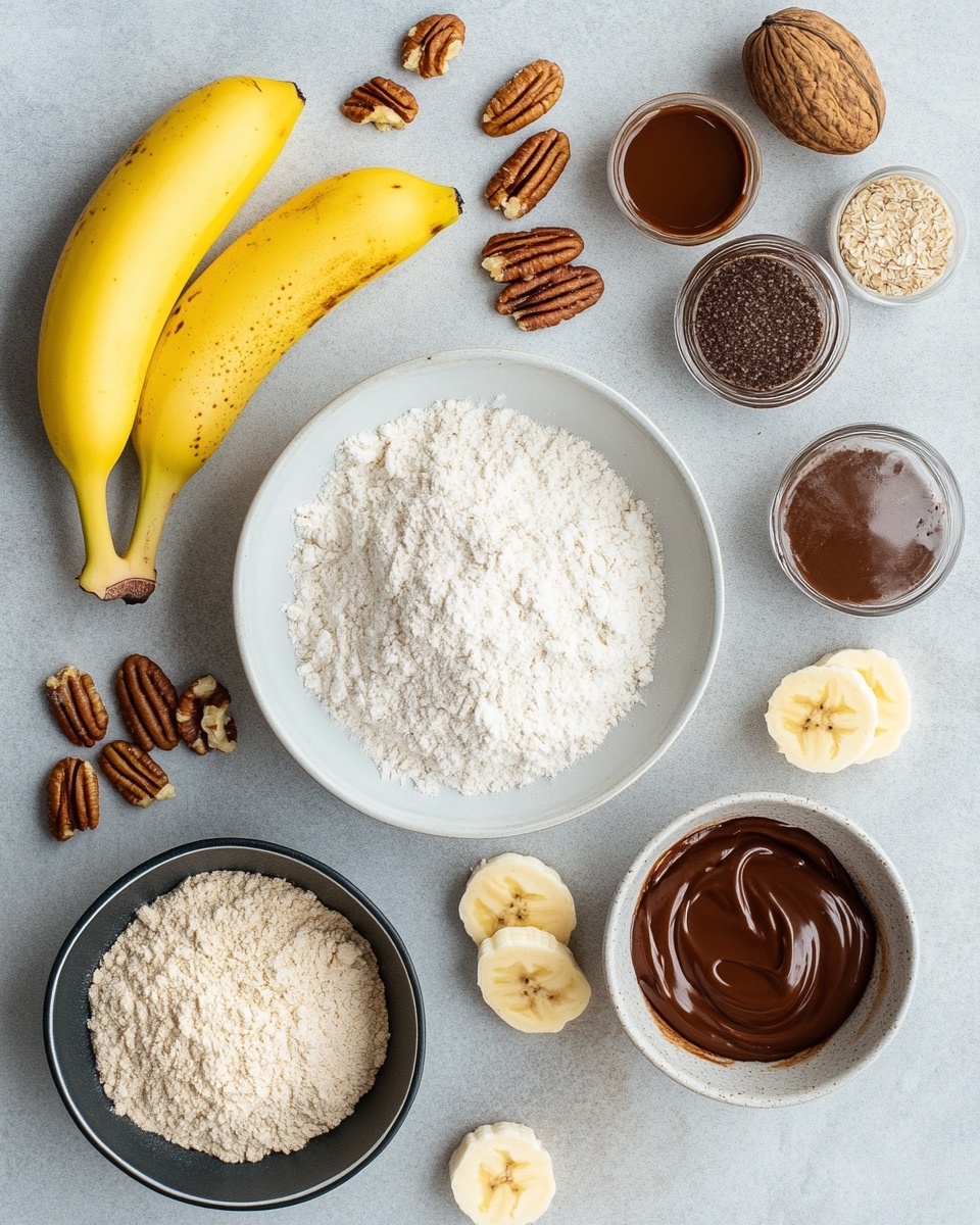 The image shows six muffins with a swirled pattern of light golden-brown and dark chocolate on top. Each muffin is in a white paper liner. Two muffins are placed on black small pedestals with a smooth matte finish, while the other four are on the white marbled surface. Behind the muffins are two yellow bananas, adding a fresh and natural look, and a brown jar with dark chocolate inside and a silver spoon sticking out. The muffins have a soft, slightly bumpy texture with shiny chocolate ribbons on top. The photo taken with an iphone --ar 4:5 --v 7