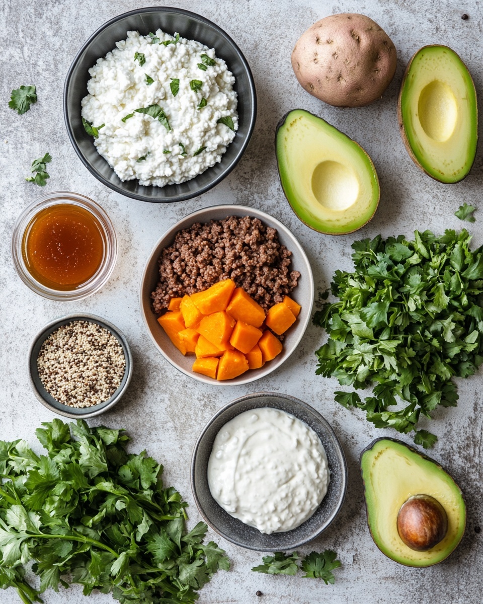 A bowl filled with three main layers: on the left, bright orange roasted sweet potato cubes with some charred edges and small green herb pieces sprinkled on top; on the right, four slices of fresh green avocado, slightly glossy with small black pepper dots; at the bottom, dark brown cooked ground meat topped with a dollop of white cottage cheese drizzled with amber-colored honey and small green herb bits scattered over. The bowl is white with a speckled texture and sits on a white marbled surface. Photo taken with an iphone --ar 4:5 --v 7