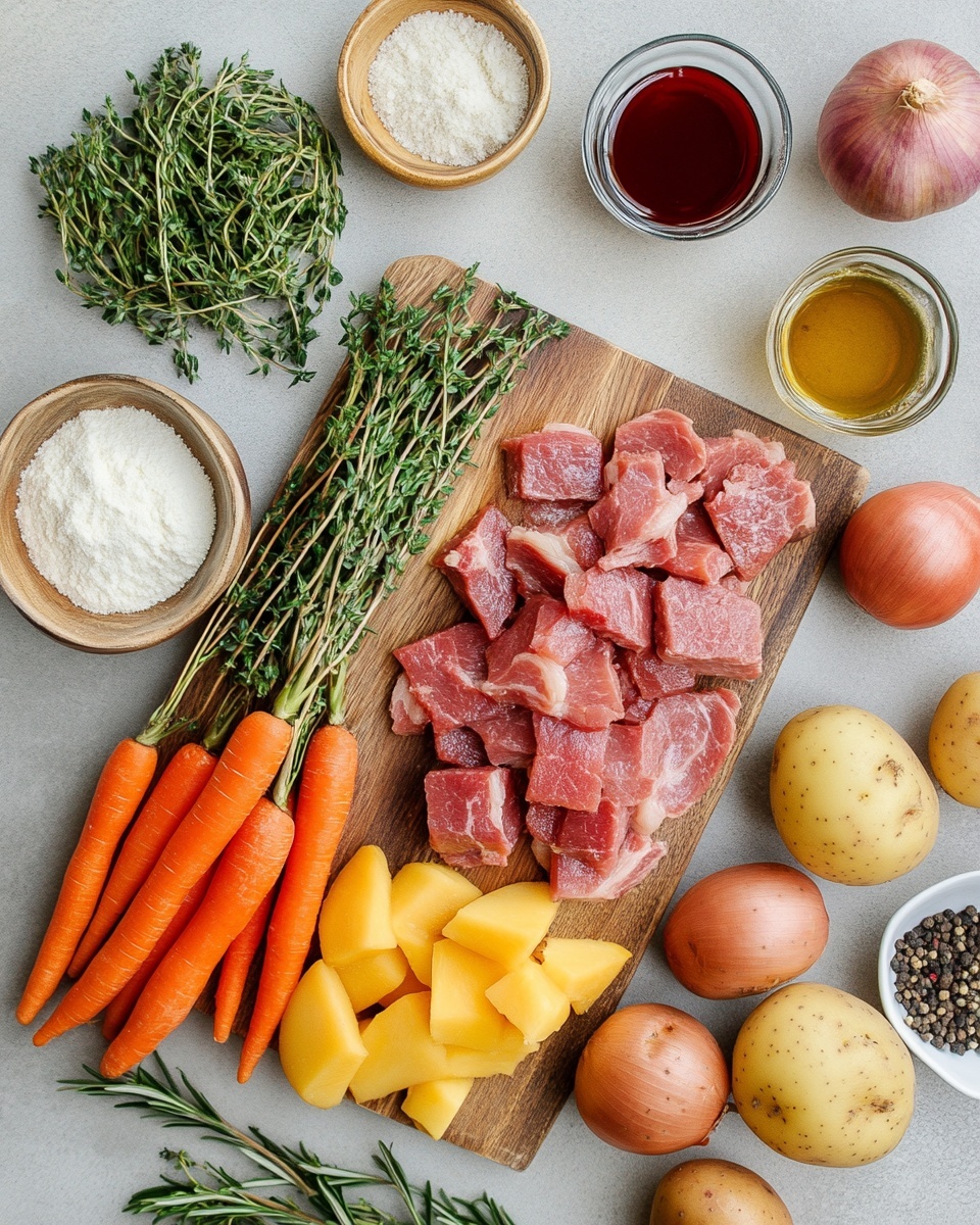 The image shows a rich stew with multiple layers of ingredients. The bottom layer is a dark brown sauce that covers the whole dish, giving it a shiny texture. On top, there are thick, dark brown pieces of beef, scattered throughout the stew. There are also small yellow potatoes with a slightly rough skin, and orange carrot segments cut into medium-sized pieces. Large, brown mushrooms with a slightly soft texture are mixed in as well. The dish is garnished with small green parsley leaves and a whole bay leaf, adding a touch of green color. A wooden spoon with a shiny wet surface is partially submerged in the stew, ready to serve. The dish is inside a pot on a white marbled surface. Photo taken with an iphone --ar 4:5 --v 7