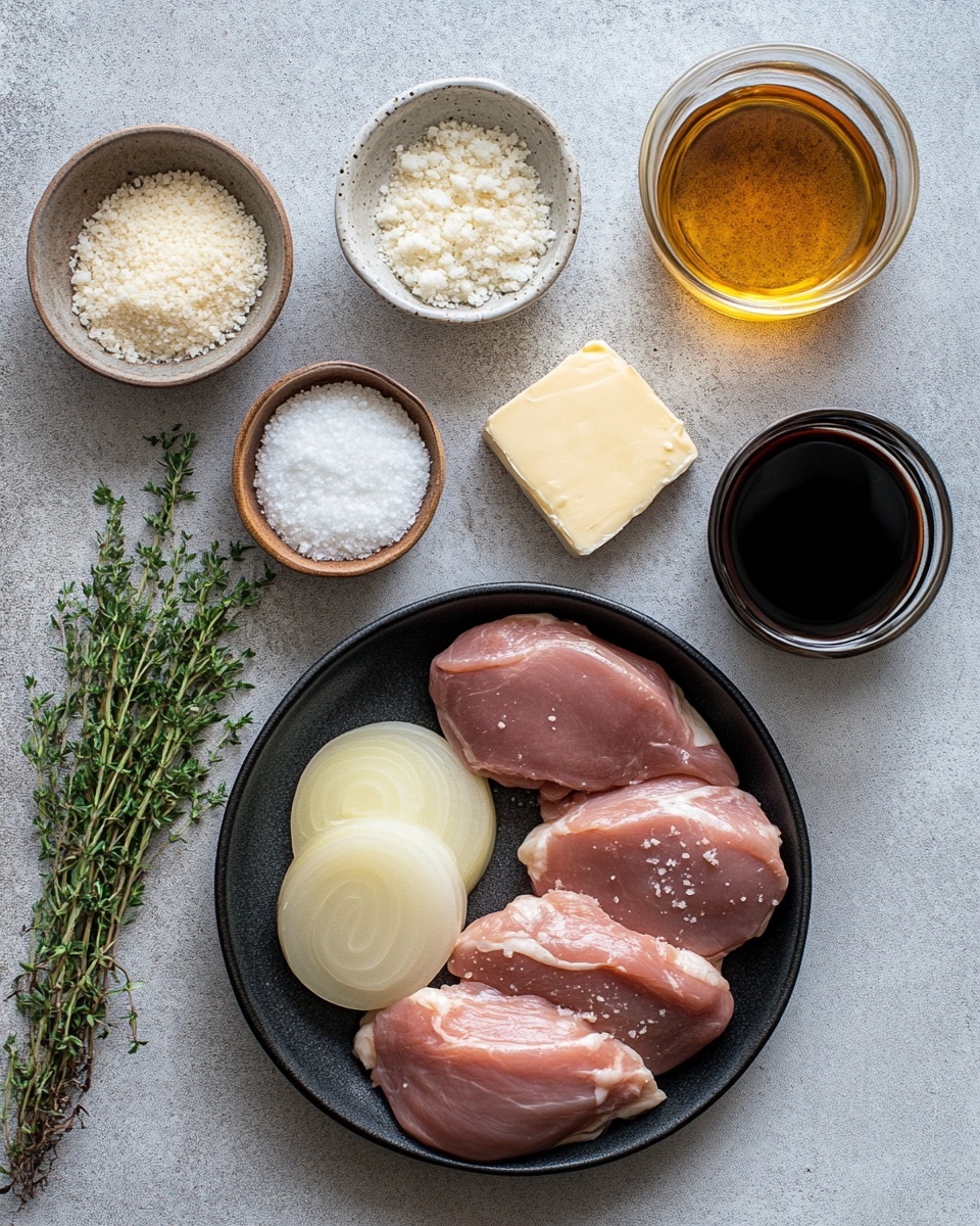 The image shows a clear rectangular glass baking dish with two layers of light golden cooked chicken at the bottom, topped with a thick layer of melted cheese that is creamy white with spots of golden brown from baking. There are small bits of browned onions mixed within and beneath the cheese layer, and green herb sprigs are sprinkled on top. The dish is sitting on a white marbled surface with a green and white striped cloth nearby, along with a wooden spoon and a glass of water in the background. Photo taken with an iphone --ar 4:5 --v 7