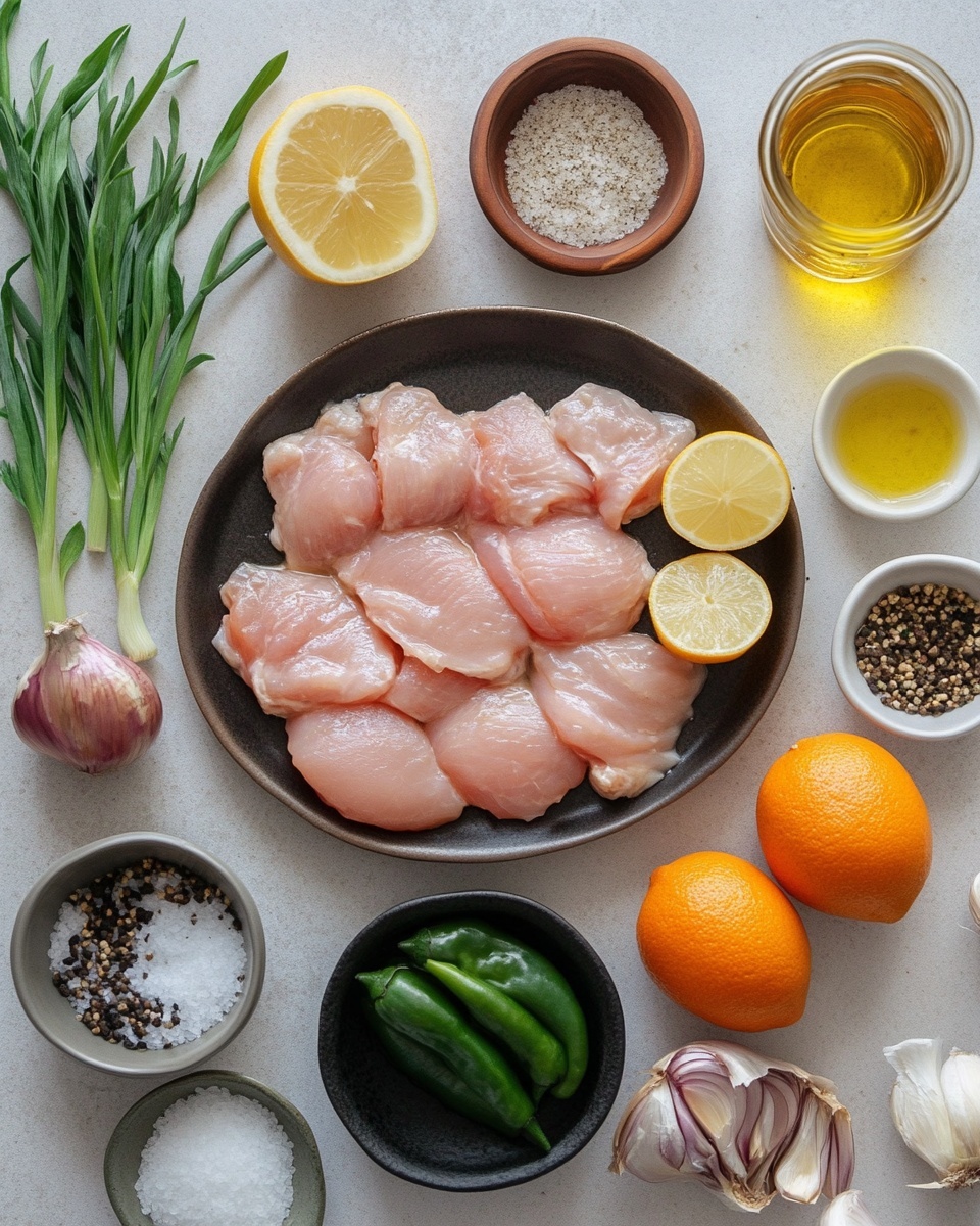A silver pan filled with small pieces of golden-brown chicken cooked in a dark glossy sauce, topped with bright green sliced jalapeños and light green chopped scallions scattered over the top, all sprinkled with light sesame seeds. The pan rests on a white marbled surface with a whole yellow onion below it, a wooden spoon and beige cloth to the top left, and a white cup of black coffee to the top right. Some slices of jalapeño are also placed on the surface near the pan. Photo taken with an iphone --ar 4:5 --v 7