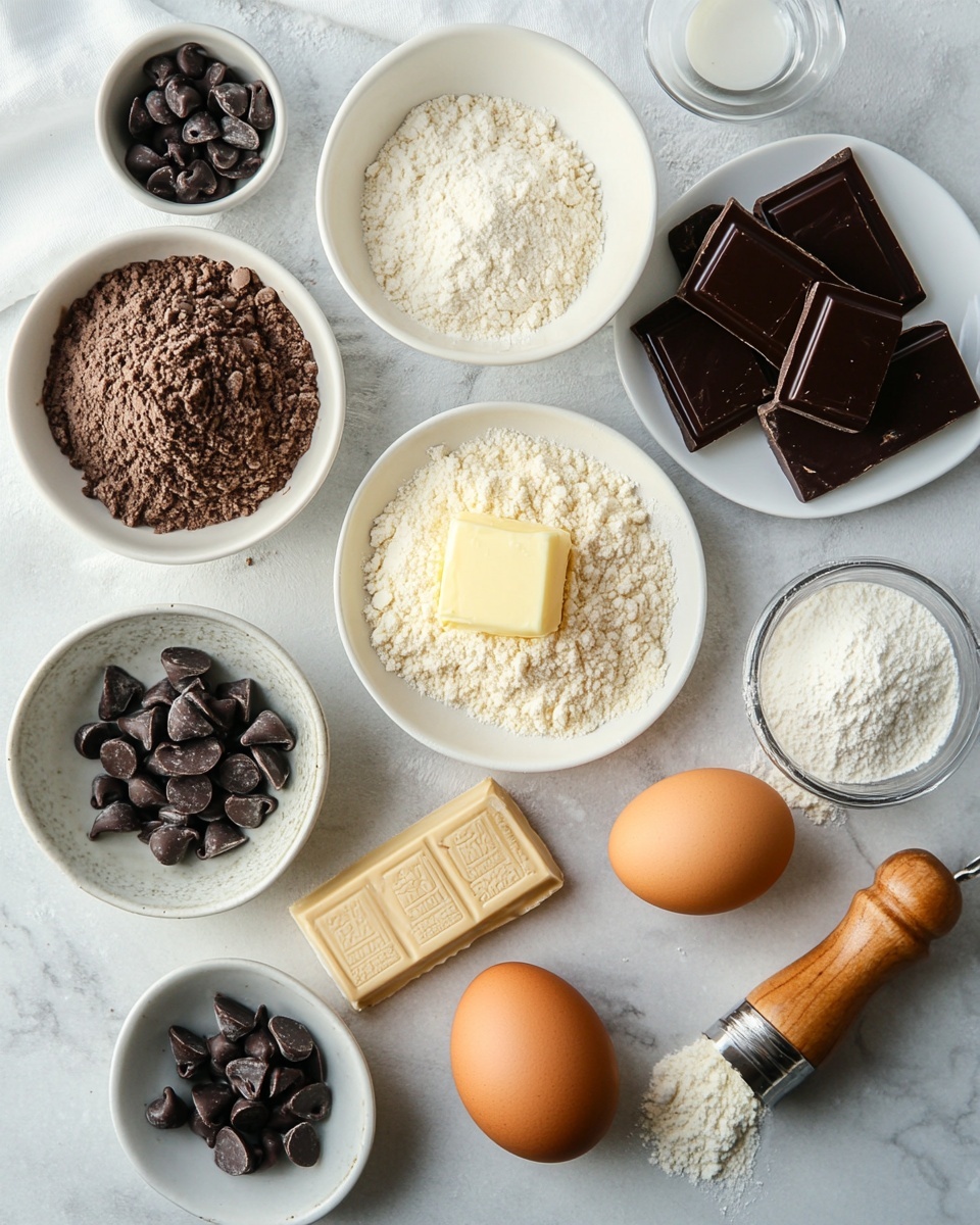 The image shows several square pieces of a two-layer dessert with a dark brown bottom layer and a golden brown top layer. The dark bottom looks moist and dense, while the top is soft and cracked with melted chocolate chunks spread unevenly across it. Small white flakes, likely salt, are sprinkled over the top, adding texture and contrast. The dessert squares are neatly arranged in rows on light brown parchment paper, placed over a white marbled surface. Photo taken with an iphone --ar 4:5 --v 7