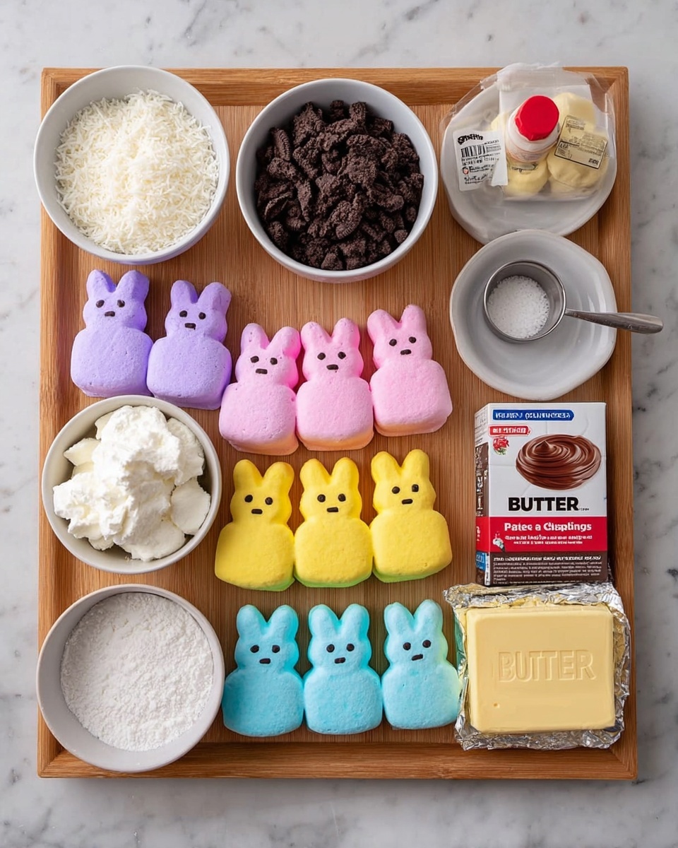 The image shows a wooden tray on a white marbled surface with colorful marshmallow bunny candies arranged in four rows by color: purple, pink, yellow, and blue, each having small chocolate eyes and nose details. On the tray, there are multiple white bowls and containers holding ingredients: shredded white coconut in one bowl, crumbled dark chocolate cookies in another, a bowl of whipped cream with a smooth, fluffy texture, a small metal measuring cup filled with white powdered sugar, a small bottle with red cap likely vanilla extract, a boxed packet of chocolate pudding mix showing a rich chocolate swirl, a rectangular block of unsalted butter labeled