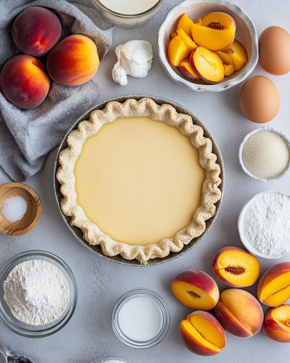 A round peach tart with a golden brown crust sits in a white scalloped dish. Inside, the tart has a creamy yellow filling topped with two layers of peach slices arranged in a circular pattern, overlapping each other, showing the bright orange and red skin and soft flesh. The tart rests on a white marbled surface. To the left, there are two small white plates with a couple of silver forks on top. To the right, a metal pie server lies on a red and white checkered cloth. A green cup is visible in the upper left corner. Photo taken with an iphone --ar 4:5 --v 7