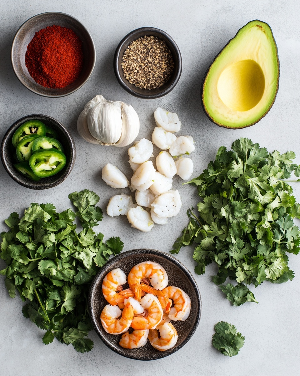 Three shrimp tacos sit inside a white bowl on a white marbled surface, arranged side by side. Each taco has a soft tortilla base layered first with a pale green shredded vegetable mix, then topped with golden brown shrimp, small chopped red bell peppers, thin red onion slices, fresh green cilantro leaves, crumbled white cheese, and a drizzle of green sauce. Lime wedges decorate the bowl on the right side. Around the bowl, there is a wooden cutting board with sliced red onion, diced red bell pepper, and lime wedges. Nearby are small white bowls filled with green sauce, crumbled white cheese, sautéed shrimp, and shredded pale green cabbage. A woman’s hand holds a spoon inside the green sauce bowl. photo taken with an iphone --ar 4:5 --v 7