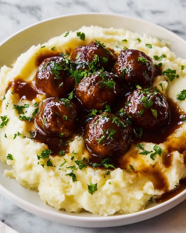Salisbury Steak Meatballs with Garlic Herb Mashed Potatoes Recipe