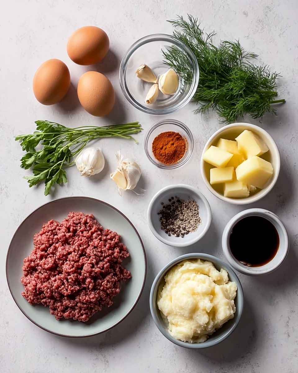 The image shows raw ingredients neatly arranged on a white marbled surface. There are two brown eggs next to a small bunch of fresh green herbs, two garlic cloves, and two small white bowls with black pepper and red spice powder. Another white plate holds cubed yellow potatoes, and a black bowl contains fluffy white mashed potatoes. Ground meat is placed on a white plate, and a small white bowl holds a dark brown liquid, likely soy sauce. Photo taken with an iphone --ar 4:5 --v 7
