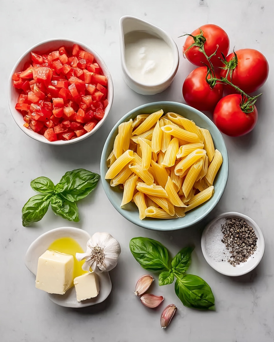 The image shows several small white bowls and ingredients arranged on a white marbled surface. In the center is a bowl filled with pale yellow penne pasta. Below it, a white bowl holds bright red chopped tomatoes. To the left, a white sauce pitcher contains white cream. Above the pasta, a bunch of green basil leaves lies flat. To the right of the pasta, a small white bowl has golden-yellow olive oil. Below that, a whole bulb of garlic and three garlic cloves sit beside a small white dish filled with salt and black pepper. Next to the garlic are two chunks of light yellow butter topped with small green basil leaves. On the top right, a bunch of fresh red tomatoes on the vine rests on the surface. photo taken with an iphone --ar 4:5 --v 7