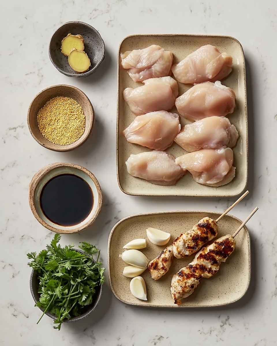 The image shows seven pieces of raw pale pink chicken thighs neatly placed on a light beige rectangular plate at the top right. Below it, three golden grilled chicken skewers with light charred marks rest on a matching beige plate, accompanied by six peeled garlic cloves scattered on the same plate. At the bottom left, a white bowl holds fresh green cilantro leaves. Above it, a smaller white bowl contains two light yellow slices of ginger. At the top left, three small white bowls are aligned horizontally; the left bowl holds dark brown soy sauce, the middle has golden yellow granules of coarse salt, and the right bowl contains whole black peppercorns with some red and yellow peppercorns mixed in. All items sit on a white marbled surface. Photo taken with an iphone --ar 4:5 --v 7