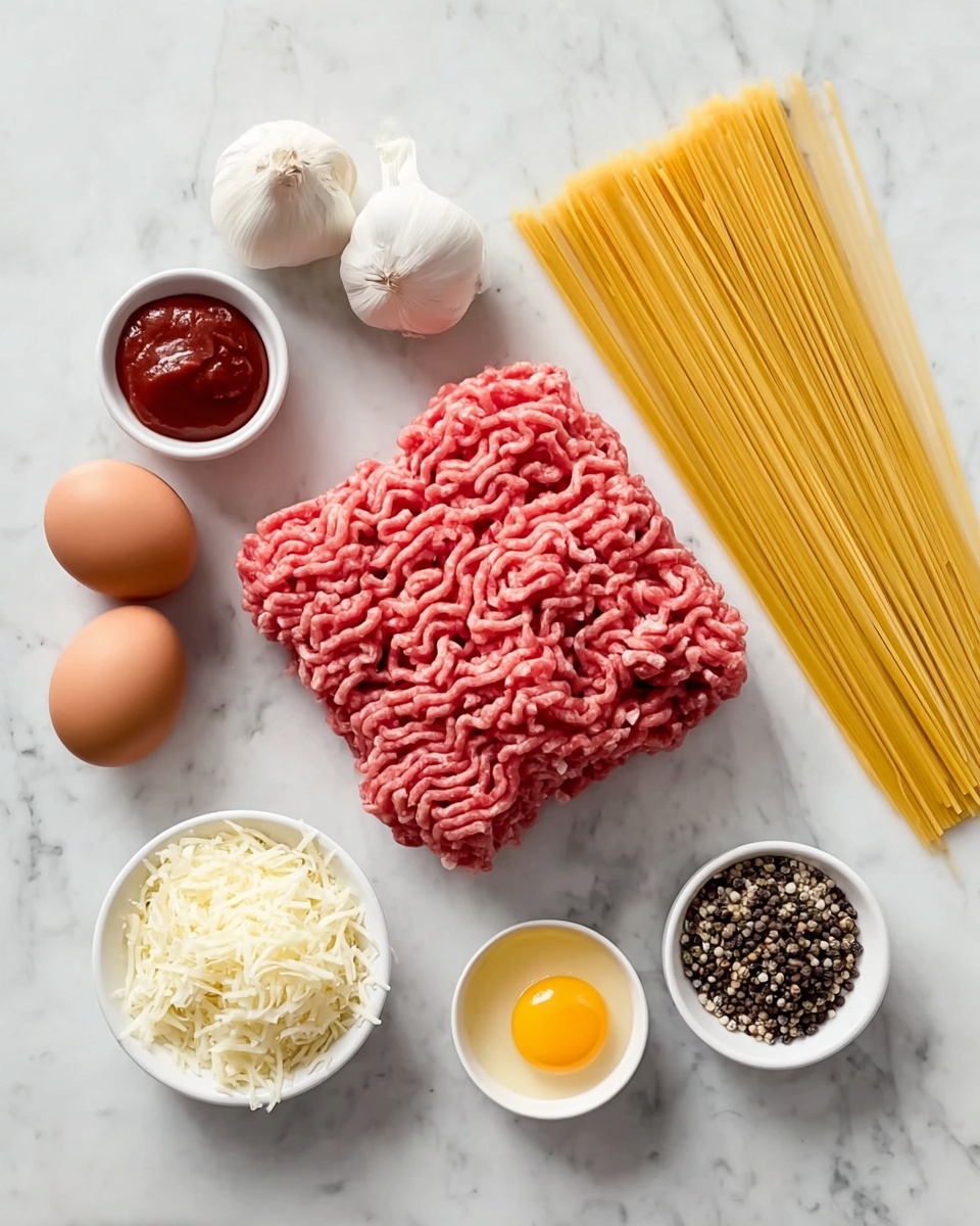 On a white marbled surface, there are several ingredients arranged neatly: three brown eggs positioned near two whole garlic bulbs on the left; a large pile of raw ground meat with a pinkish-red color sits in the center; to the right of the meat, there is a bundle of uncooked yellow spaghetti laying flat; below the meat, four small white bowls hold different ingredients – shredded white cheese, a mix of black and white pepper with coarse salt, a thick red sauce, and a single egg yolk in clear form. Photo taken with an iphone --ar 4:5 --v 7