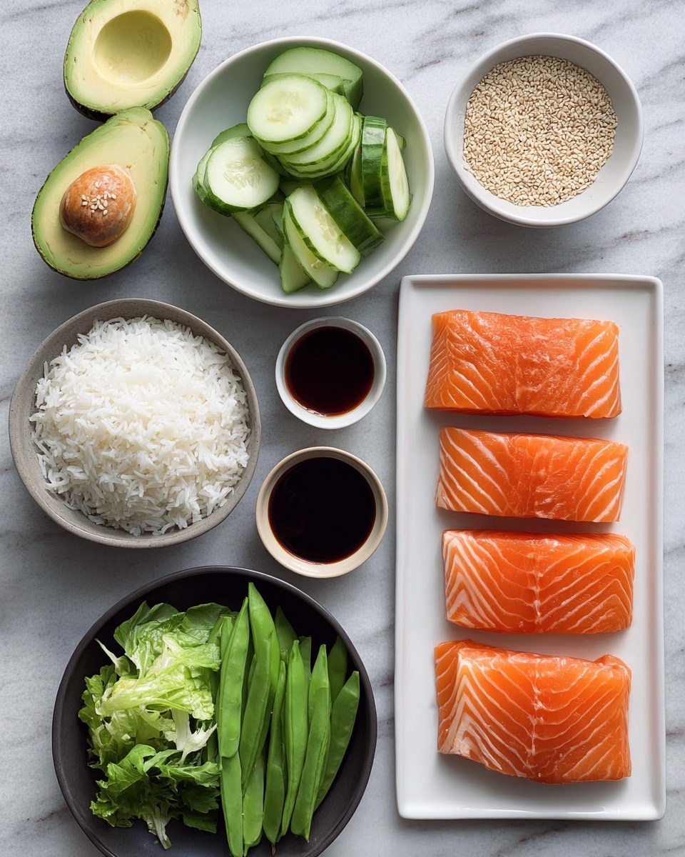 The image shows several ingredients for a fresh salmon sushi dish, arranged neatly on a white marbled surface. On the right, four pieces of bright orange raw salmon with visible white lines are laid out in a row on a long white rectangular plate. To the left of the salmon, there are three small white bowls and two dark gray bowls. The top dark gray bowl holds small beige seeds, while below it a dark gray bowl contains sliced green cucumber and pale green vegetable pieces. The white bowls hold sliced cucumber, white sesame seeds, and white cooked rice. Two small white bowls filled with dark soy sauce are placed on the left side of the image. At the top left corner, there is half an avocado with a smooth yellow-green inside, and two green snap peas beside it. Photo taken with an iphone --ar 4:5 --v 7