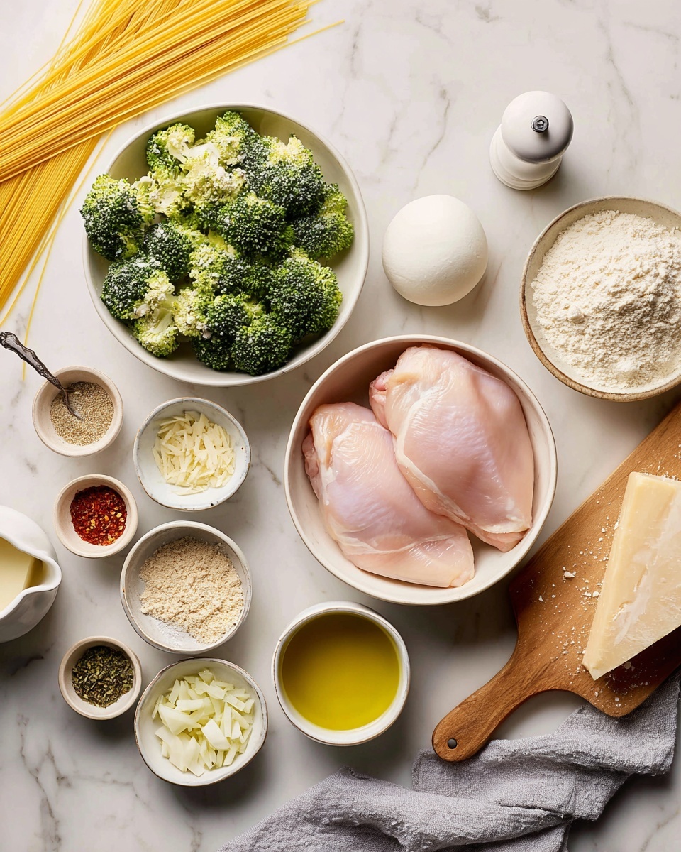 A white bowl in the center holds two smooth, raw light pink chicken pieces with a slight sheen. To the left, there is a round bowl filled with bright green broccoli florets, showing different shades of green and rough textures. Behind the broccoli, uncooked yellow spaghetti sticks lie flat spread in a fan shape on the white marbled surface. At the top center, a white bowl contains a round ball of creamy white cheese with a soft, smooth surface. Around the chicken bowl, several small white bowls and plates hold finely chopped pale yellow minced garlic, small white diced onions, light brown flour, yellow liquid oil, and grated pale yellow cheese. A beige plate holds various spices: a spoon with dark red powder, a spoon with tan breadcrumbs, green dried herbs, and a small bowl of coarse white salt. Near the bottom left, a small pitcher contains white cream. A light grey cloth rests under some bowls on the marble surface. Photo taken with an iphone --ar 4:5 --v 7