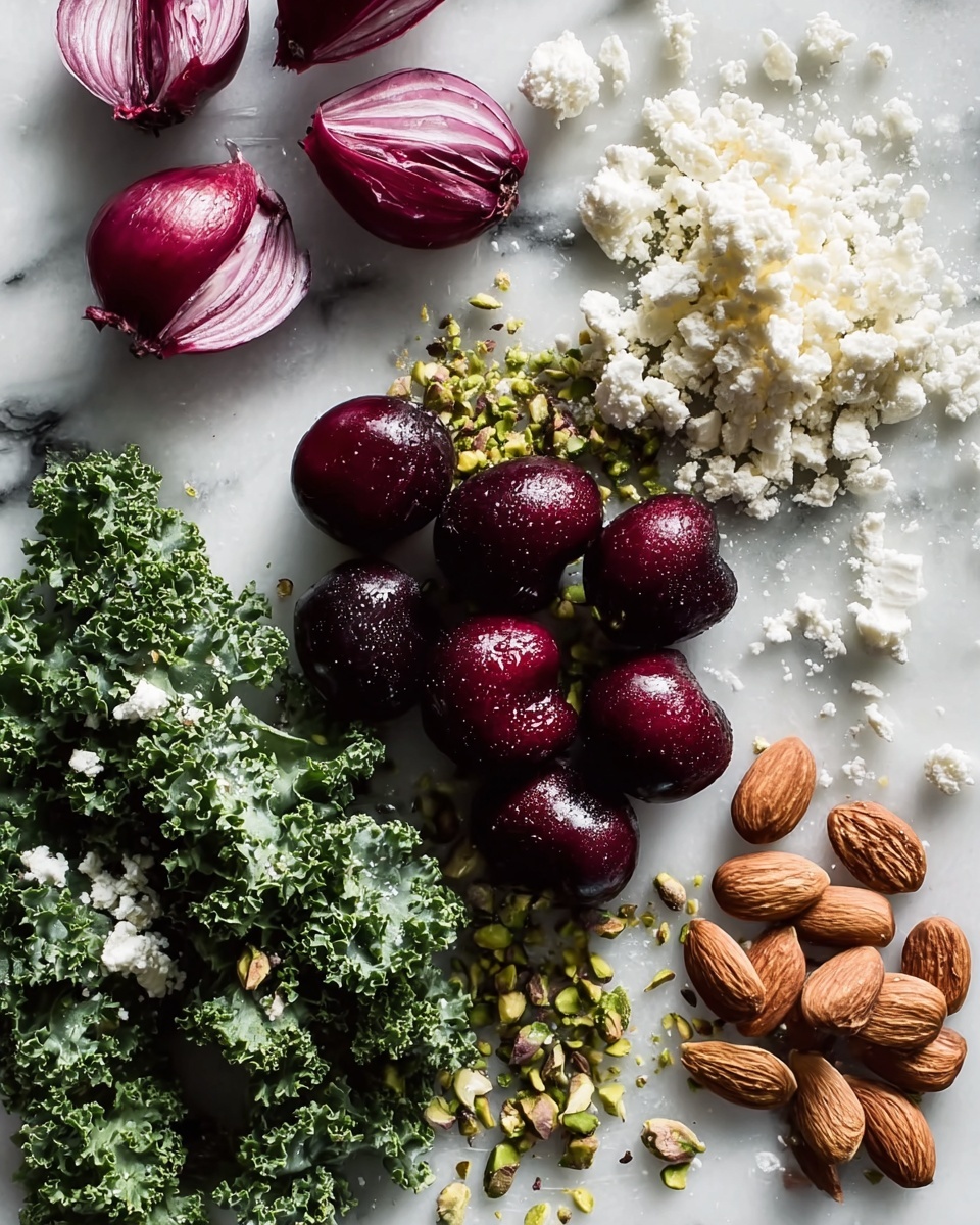 The image shows a flat arrangement of fresh ingredients on a white marbled surface: dark purple cherries with a shiny wet look form a loose cluster in the center right, next to a small pile of brown almonds on the bottom right. To the left of the cherries, curly dark green kale leaves with some crumbled white cheese and a few green pistachio nuts scattered over and around them form a textured, colorful base layer. Above the kale, there are three light purple shallots with smooth, glossy skin and pointed ends. Small pieces of white cheese and green pistachios are spread near the top, adding extra detail. The lighting is bright and natural, highlighting the fresh textures and colors of all the ingredients. Photo taken with an iphone --ar 4:5 --v 7