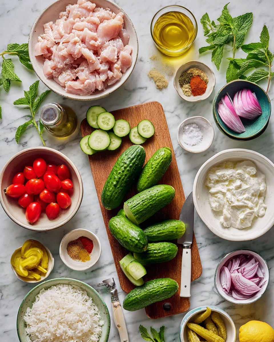 The image shows a white bowl filled with chopped raw chicken pieces on the left side. In the center, a wooden cutting board holds five whole green cucumbers and several slices of cucumber next to a small knife with a white handle. Surrounding these main items are small white bowls filled with different spices in warm brown, red, and beige colors, a bowl of sliced red onions, peeled garlic cloves in a green bowl, a bowl of white sauce with a creamy texture, and a bowl of cooked white rice. There are also two halved lemons in a green bowl, some fresh green mint leaves scattered nearby, a small glass bottle of clear yellow olive oil, and a small jar of light brown tahini sauce placed on a white marbled surface. Photo taken with an iphone --ar 4:5 --v 7