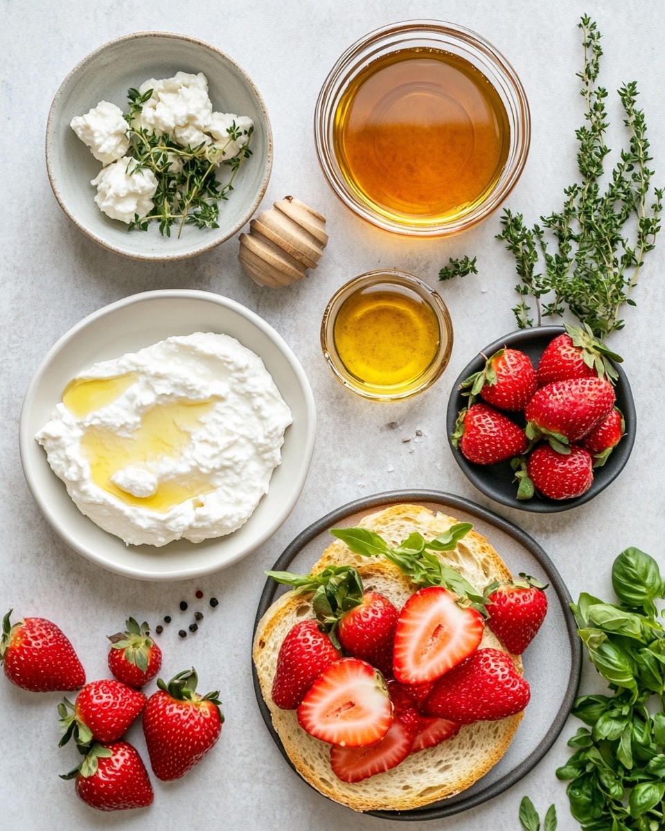 The image shows two pieces of toasted bread on a wooden board against a white marbled surface. Each slice of bread has three layers: the bottom layer is the golden-brown toasted bread with a crispy texture, the middle layer is a thick spread of white creamy cheese, and the top layer consists of bright red strawberry slices arranged neatly, with small green herb pieces sprinkled over them. The strawberries appear fresh and glossy, adding a juicy texture on top of the smooth cheese. Photo taken with an iphone --ar 4:5 --v 7