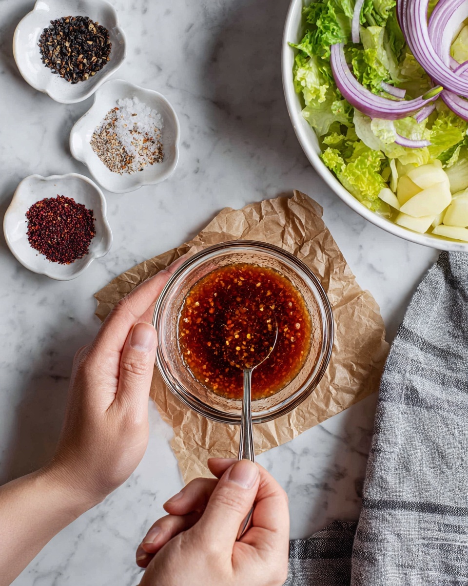 A white bowl with black speckles holds a fresh potato salad consisting of three main layers: large soft yellow potato chunks mixed with bright orange shredded carrots, thin slices of purple-red onion, and small pieces of green leafy herbs and lettuce scattered throughout. The textures range from the firm potatoes to the crunchy onions and soft leafy greens. Two wooden spoons rest on the right edge of the bowl, contrasting with the white marbled surface underneath. A grey cloth with white stripes lies beside the bowl, adding to the setting’s casual feel. Photo taken with an iphone --ar 4:5 --v 7