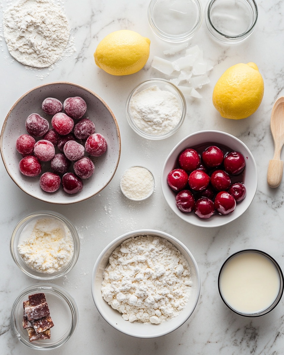 The image shows a close-up of nine cinnamon rolls arranged tightly together on a white marbled surface. Each roll has a golden-brown dough with bright red and dark purple berry filling swirled inside. A thick layer of creamy white icing is generously spread over the top of each roll, partially covering the berry filling and dough. Scattered on and around the rolls are whole red cherries, adding a glossy, rich red color and smooth texture. The rolls look soft and moist, with swirls of dough, filling, and icing clearly visible in each one. photo taken with an iphone --ar 4:5 --v 7