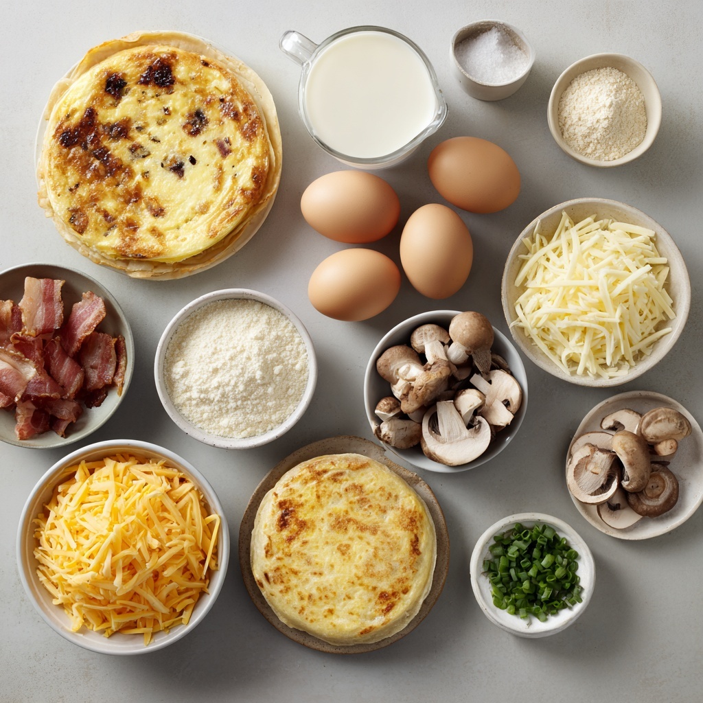 A woman's hand is holding a small round egg muffin with a light brown crust, filled with a yellow cooked egg layer mixed with green herbs and small bits of what looks like vegetables or sausage. In the background, a white plate is filled with more of these egg muffins, each showing similar layers of golden yellow eggs topped with green herbs and bits of vegetables, all placed on a white marbled surface with a soft blue cloth nearby. Photo taken with an iphone --ar 4:5 --v 7
