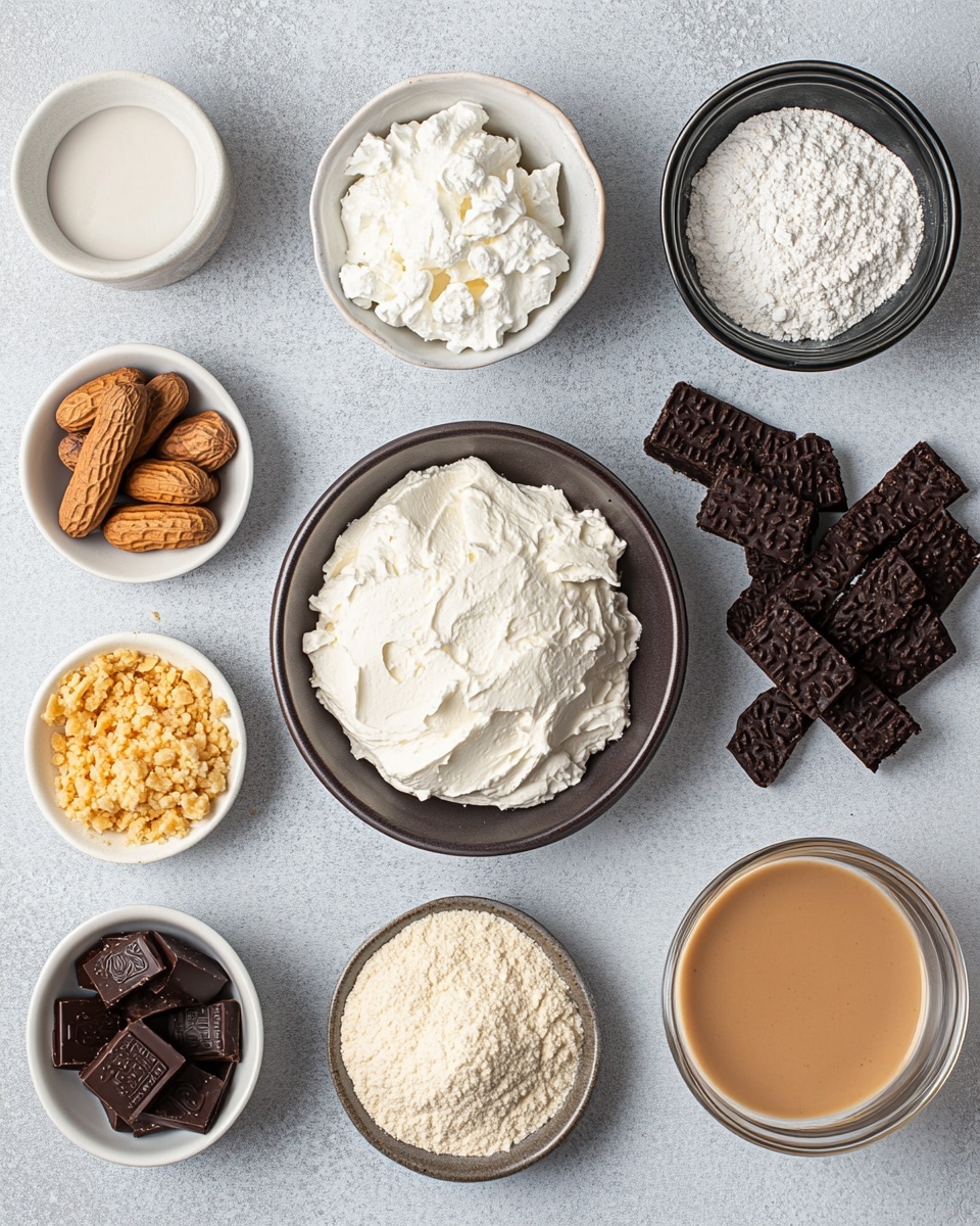 A slice of creamy pie with three visible layers sits on a white plate on a white marbled surface. The bottom layer is dark, crumbly chocolate crust, thick and firm. The middle layer is light beige, fluffy cream mixed with small dark specks, looking soft and smooth. The top layer is decorated with scattered pieces of orange and brown crunchy bits and chocolate shards, adding texture and color contrast. In the foreground, a silver fork rests on the plate near some crumbs. A blurred pie dish with more pie is in the background. Photo taken with an iphone --ar 4:5 --v 7