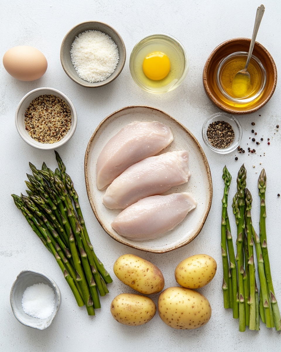 The image shows four golden-brown breaded chicken pieces arranged vertically in the center on a white marbled surface. The chicken has a crispy texture with some green herbs sprinkled on top. To the left, there are several thin, long asparagus spears with a bright green color and slight charring. To the right and around the bottom of the chicken, there are small roasted potato halves with a golden, roasted texture and some seasoning. The whole dish looks well-cooked with a mix of crunchy and soft textures. photo taken with an iphone --ar 4:5 --v 7